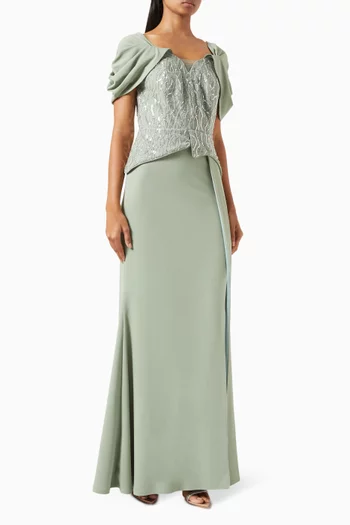 Embellished Gown in Knit Crepe & Organza