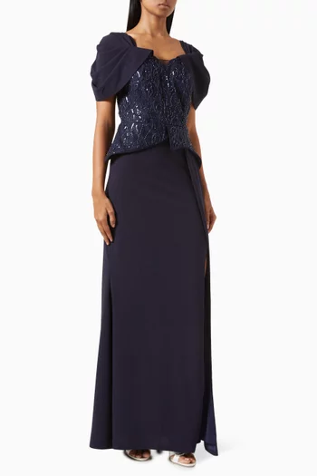 Embellished Gown in Knit Crepe & Organza
