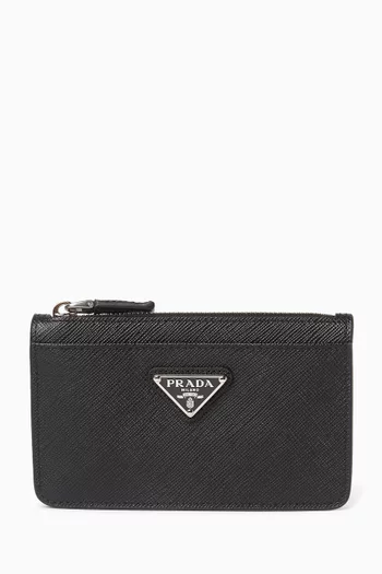 Enamelled Logo Card Holder in Saffiano Leather