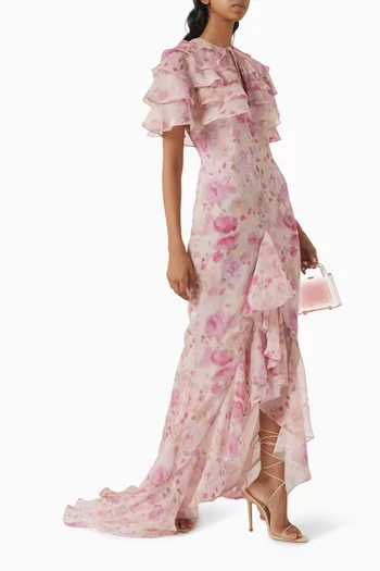 Printed Ruffled Maxi Dress in Chiffon
