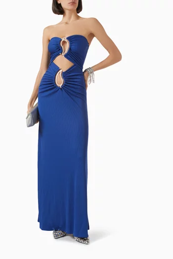 Paisley Ruched Disconnect Strapless Maxi Dress in Jersey