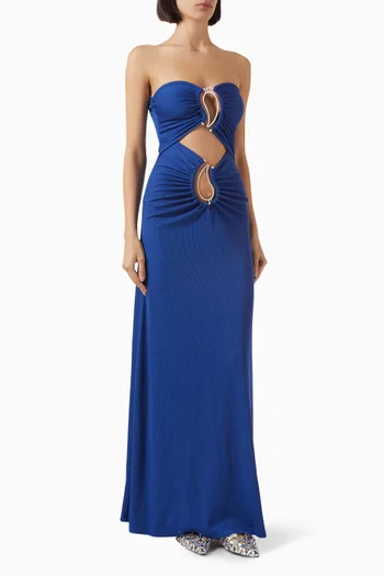 Paisley Ruched Disconnect Strapless Maxi Dress in Jersey