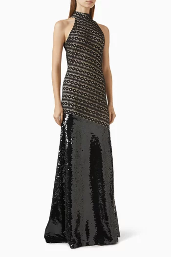 Halterneck Maxi Dress in Lace & Sequins
