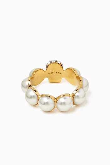 Pearl Skull Ring in Gold-tone Brass