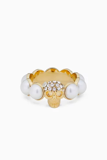 Pearl Skull Ring in Gold-tone Brass