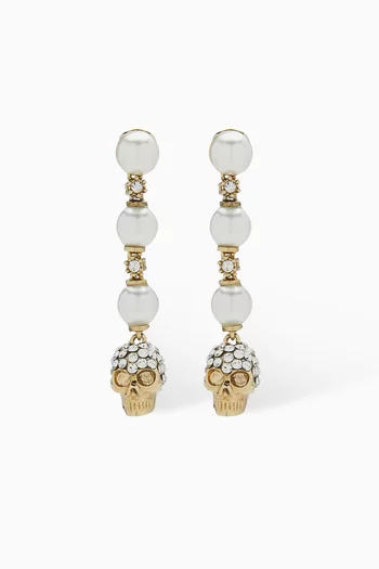 Pearl Skull Drop Earrings in Gold-tone Metal