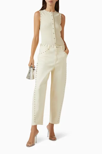 بنطال جينز مطرز بحلي معدنية بقصة ساق أسطوانية دينم