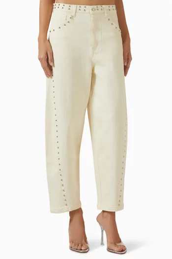 بنطال جينز مطرز بحلي معدنية بقصة ساق أسطوانية دينم