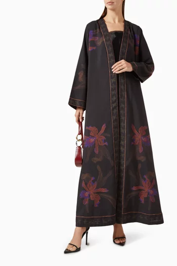 HF23019-v-Neck Abaya with Printed border on front and sleeves in design printed:Multi Colour:M-56|218524061