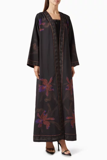 HF23019-v-Neck Abaya with Printed border on front and sleeves in design printed:Multi Colour:M-56|218524061