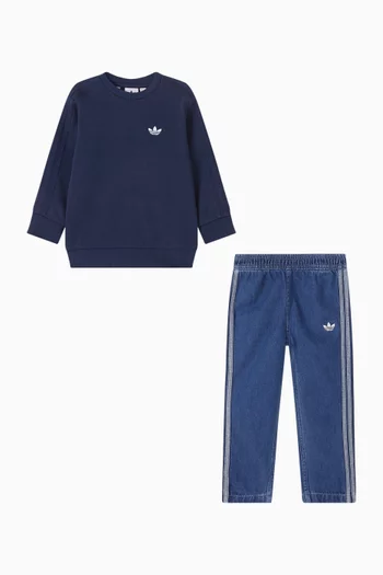 طقم سويت شيرت وبنطال جينز بشعار الماركة قطن