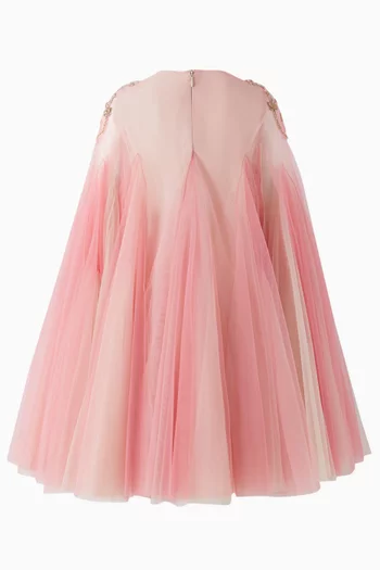 Floral & Bow Embellished Cape Dress in Tulle