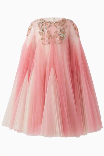 Floral & Bow Embellished Cape Dress in Tulle
