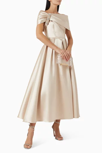 Embellished Off-shoulder Dress in Mikado