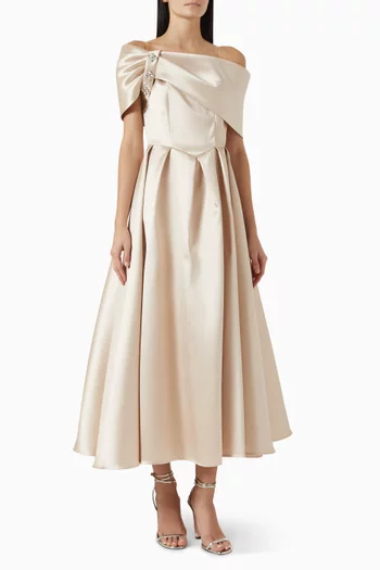 Embellished Off-shoulder Dress in Mikado