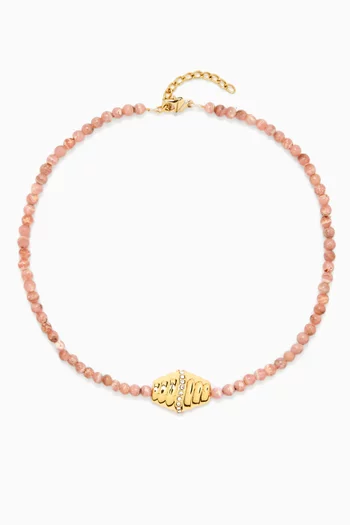 MIELE NECKLACE WITH RHODOCHROSITE PINK RHODOCHROSITE BEADS FINISHED WITH OUR HEXAGONAL WAVEPENDANT FINISHED WITH A LINE OF CZ STONES:Pink:One Size|218551227