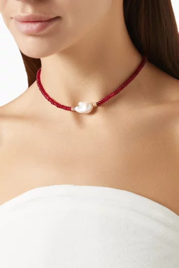 VERITY NECKLACE HAND STRUNG RED JADE BUTTON BEADS FINISHED WITH A LARGEBAROQUE PEARL AND 18K GOLD PLATED CUBE BEADS.:Red:One Size|218551222