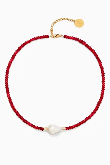VERITY NECKLACE HAND STRUNG RED JADE BUTTON BEADS FINISHED WITH A LARGEBAROQUE PEARL AND 18K GOLD PLATED CUBE BEADS.:Red:One Size|218551222