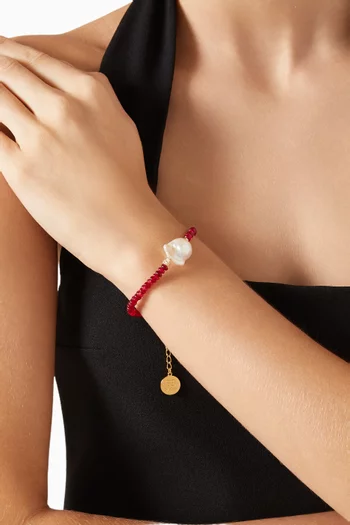 VERITY BRACELET HAND STRUNG RED JADE BUTTON BEADS FINISHED WITH A LARGEBAROQUE PEARL AND 18K GOLD PLATED CUBE BEADS.:Red:One Size|218551225