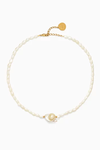 VENUS NECKLACE HAND STRUNG FRESH WATER PEARLS FINISHED WITH TWO GOLD PLATEDBEADS AND A CENTRAL LARGE BAROQUE PEARL.:WHITE:One Size|218551229