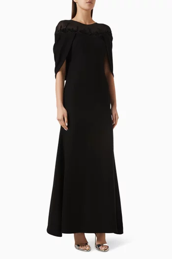 Embellished Cape-sleeve Dress in Crepe