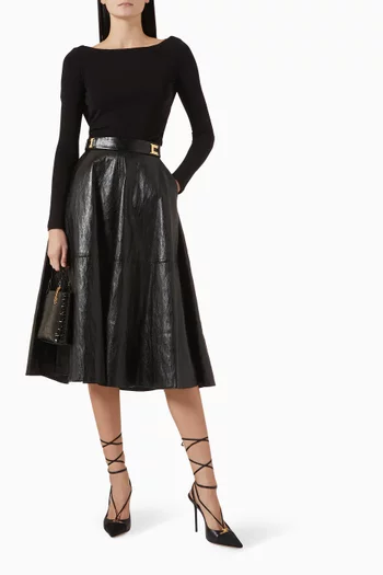 Flared Midi Skirt in Crackled Leather