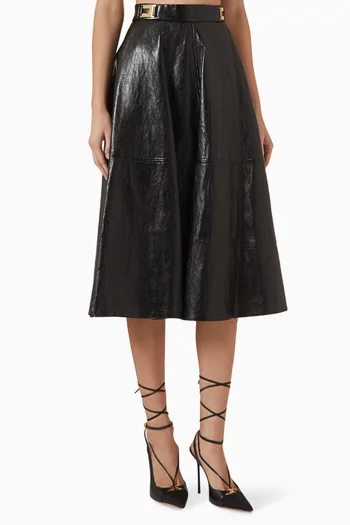 Flared Midi Skirt in Crackled Leather
