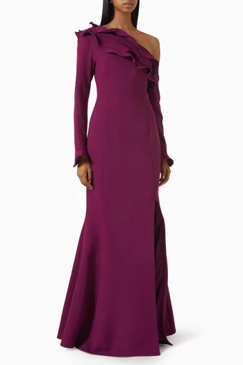Asymmetric-neck Ruffle Gown