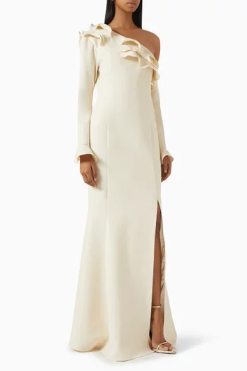Asymmetric-neck Ruffle Gown
