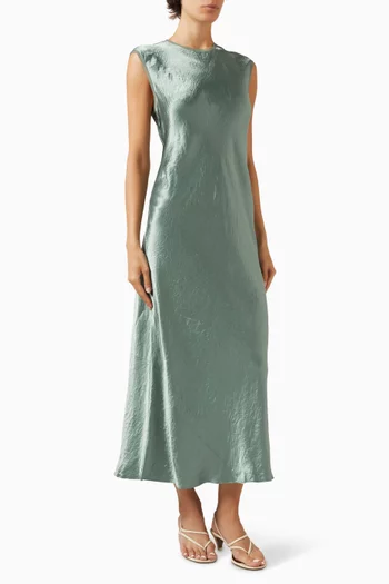 فستان متوسط الطول بأكمام قصيرة ستان