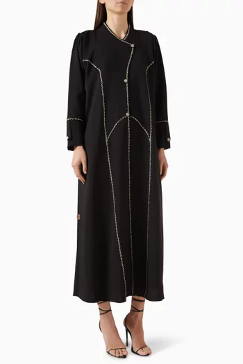 Thread Embroidered Buttoned Abaya in Mixed-linen