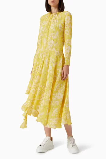 فستان مزين بنقشة زهور مقوسة حرير