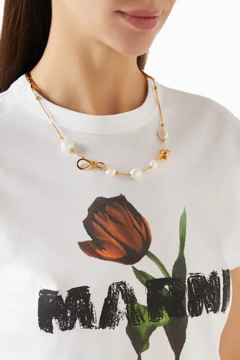 Bow & Pearl Necklace in Brass