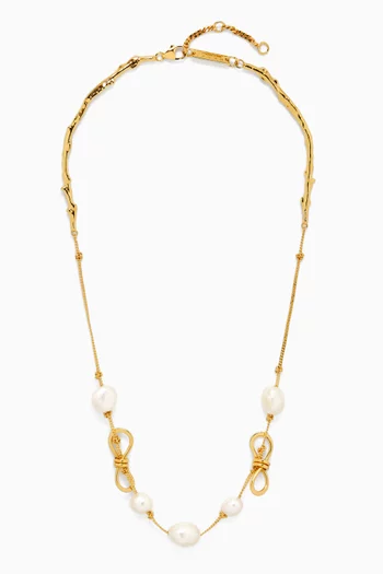 Bow & Pearl Necklace in Brass