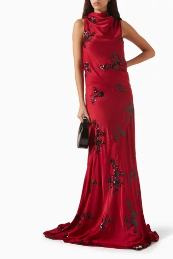 Embroidered Cowl-neck Top in Satin