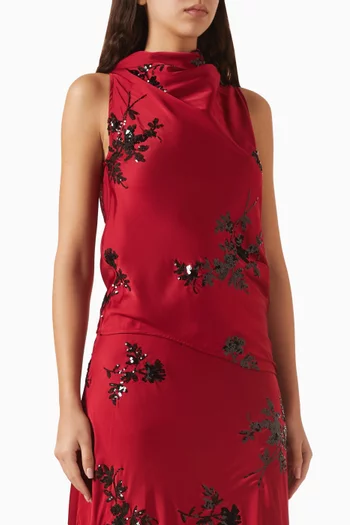 Embroidered Cowl-neck Top in Satin