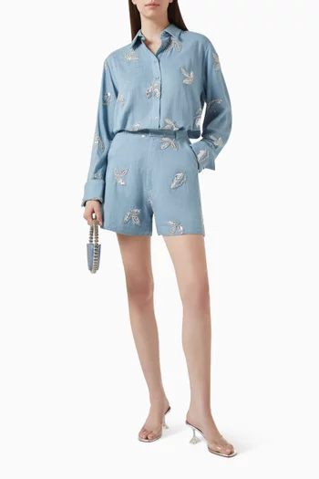 Embroidered Sequins Shorts in Linen