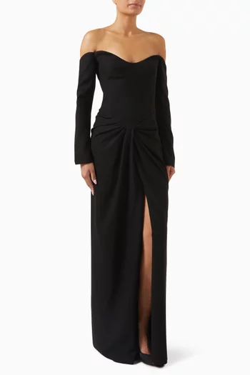 Off-the-shoulder long sleeves dress, featuring a draped waistline and a slit in the middle:BLK:46|218642414