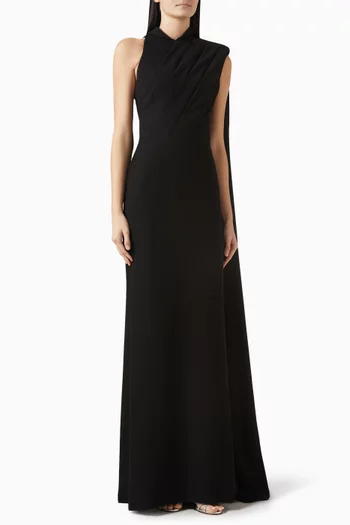 Padded-shoulder Cape Dress in Crepe