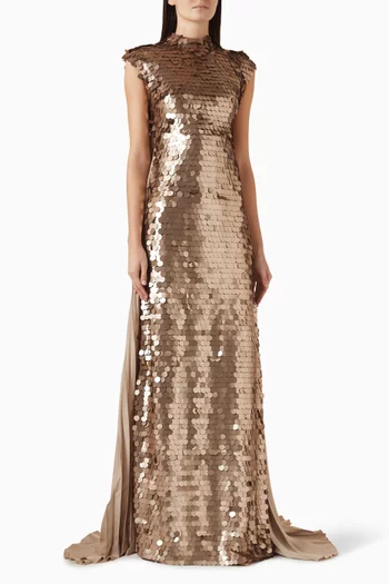 Sequin-embellished Cape Gown in Satin