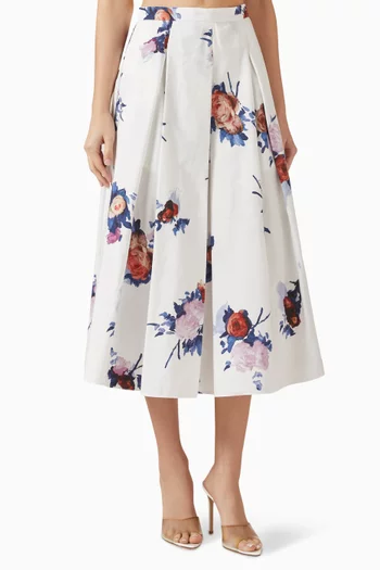Rose Bouquet Painted Midi Skirt  in Cotton-poplin