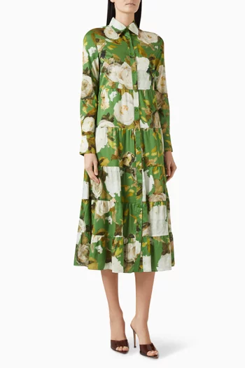 Rose Bouquet Tiered Shirt Dress in Cotton