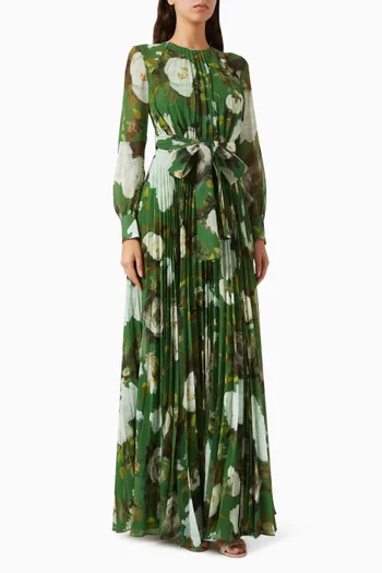 Printed Pleated Gown in Voile