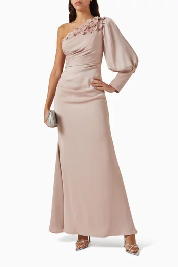 3D Embellished One-shoulder Dress in Crepe