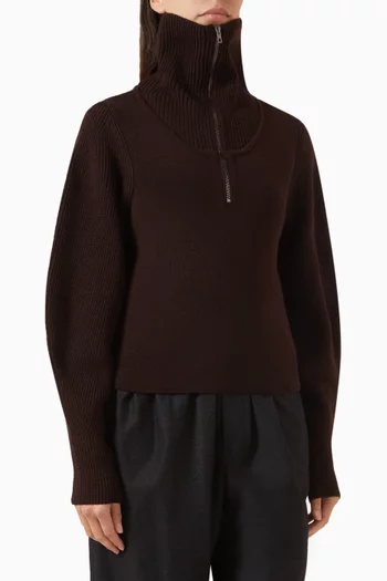 Zip-up Sweater in Combed Wool