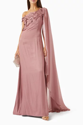 Asymmetric Cape-sleeve Gown in Crepe & Organza