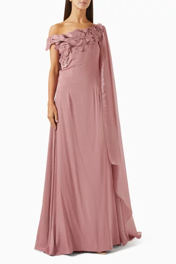 Asymmetric Cape-sleeve Gown in Crepe & Organza