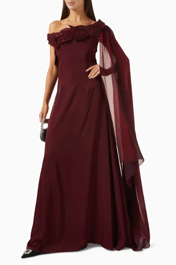 Asymmetric Cape-sleeve Gown in Crepe & Organza
