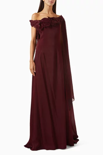 Asymmetric Cape-sleeve Gown in Crepe & Organza