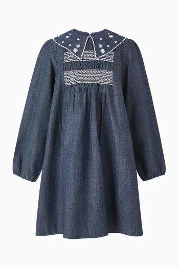 Smocked Dress in Cotton Denim